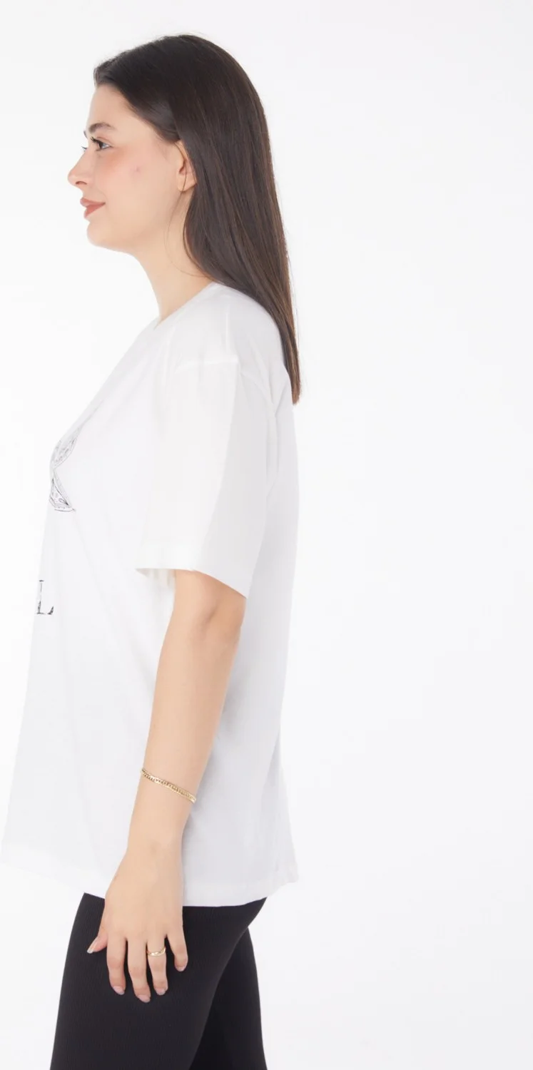 Tofisa Plain Crew Neck Women's White Printed Short Sleeve T-Shirt - 25766