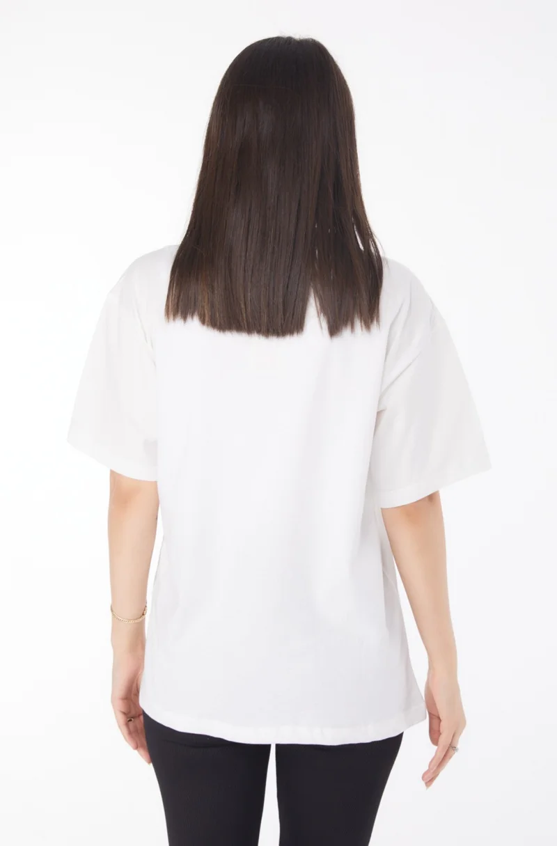 Tofisa Plain Crew Neck Women's White Printed Short Sleeve T-Shirt - 25766