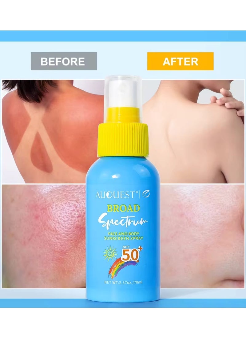 AuQuest - 70ml Sunscreen Spray for Face and Body SPF 50+ Lightweight Non Greasy Spray Broad Spectrum SPF 50 Sunscreen Stops Up to 98% of UVA UVB Rays Water and Sweat Resistant Sunscreen Spray - Image 1