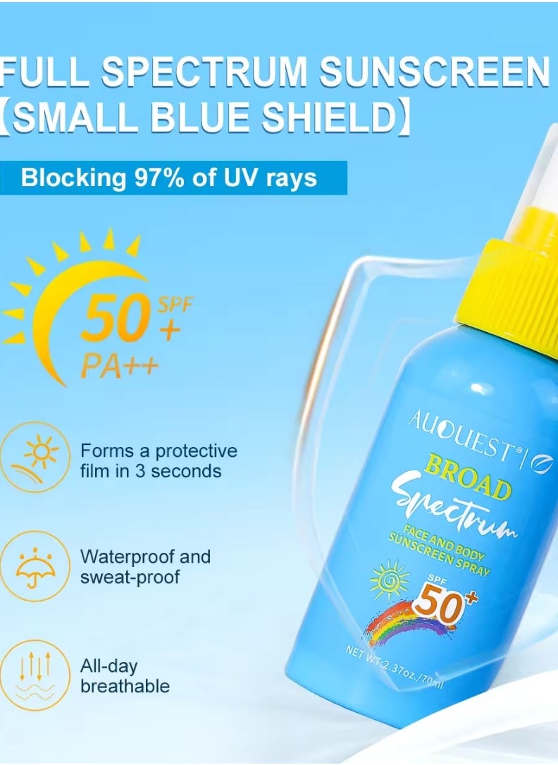 AuQuest - 70ml Sunscreen Spray for Face and Body SPF 50+ Lightweight Non Greasy Spray Broad Spectrum SPF 50 Sunscreen Stops Up to 98% of UVA UVB Rays Water and Sweat Resistant Sunscreen Spray - Image 1