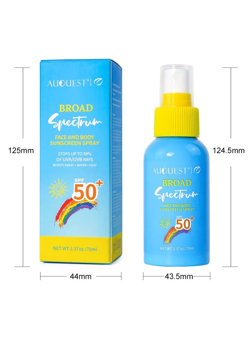 AuQuest - 70ml Sunscreen Spray for Face and Body SPF 50+ Lightweight Non Greasy Spray Broad Spectrum SPF 50 Sunscreen Stops Up to 98% of UVA UVB Rays Water and Sweat Resistant Sunscreen Spray - Image 1
