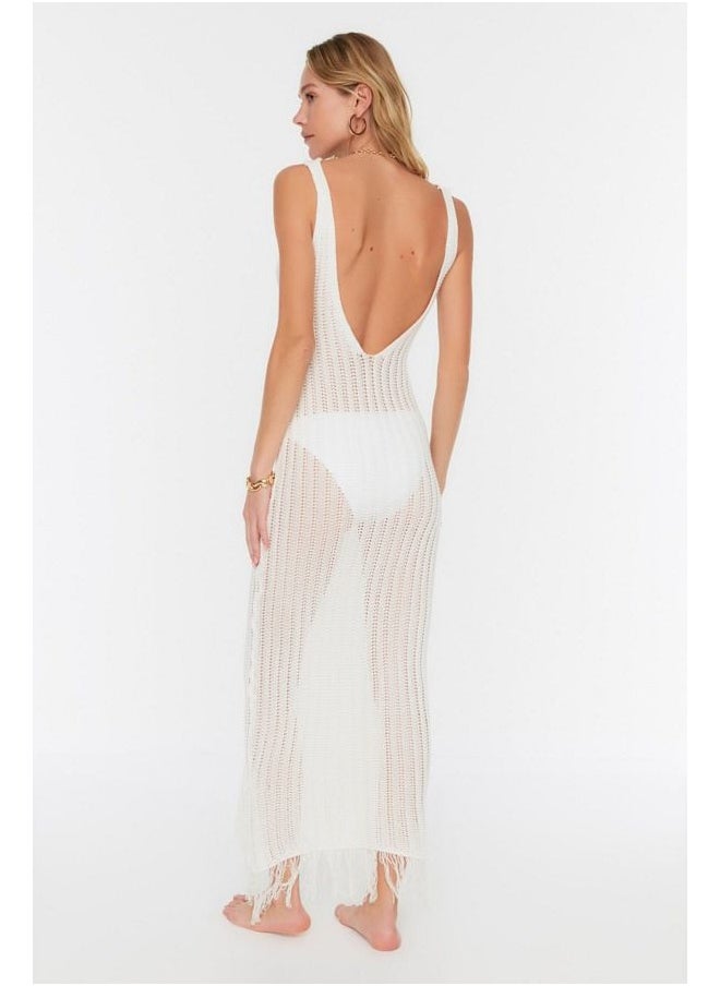 trendyol Ecru Fitted Maxi Knitwear Tasseled Beach Dress  - Image 2