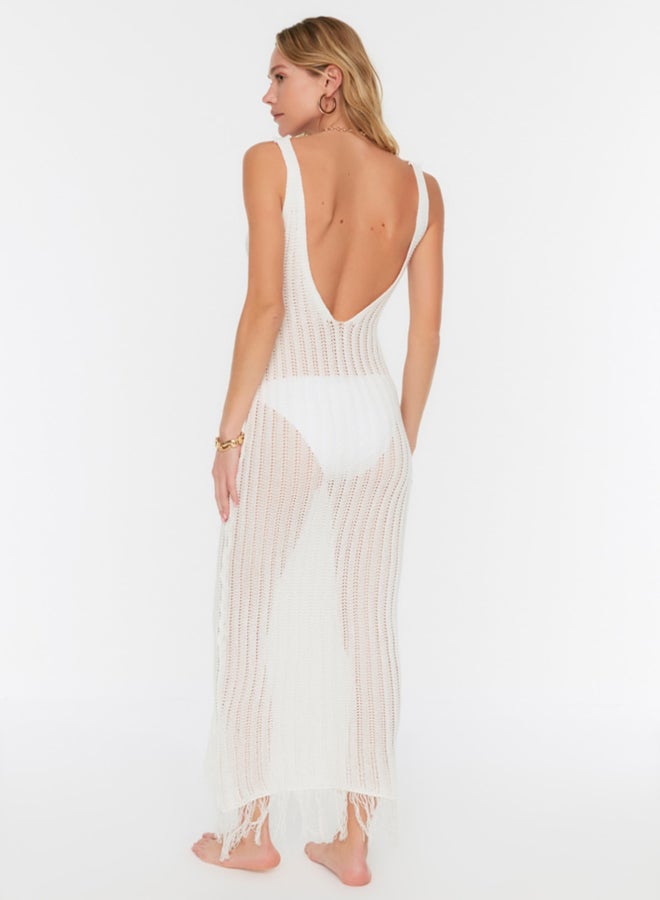 trendyol Ecru Fitted Maxi Knitwear Tasseled Beach Dress  - Image 3