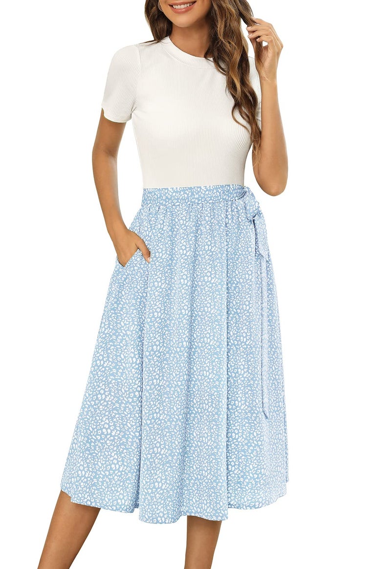 Zattcas Women 2025 Summer Dress Short Sleeve Ribbed Teacher Church Modest Casual Business Work Outfits Midi Dress with Pockets White Blue L - Image 1