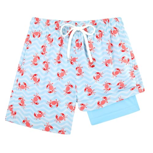 Cozople Boys Kids Swim Trunks with Compression Liner Crabs Printed Swim Shorts Swimming Trunk Anti Chafe Bathing Suits Boxer Brief Swimsuits Swimwear Size 14-16 - Image 1
