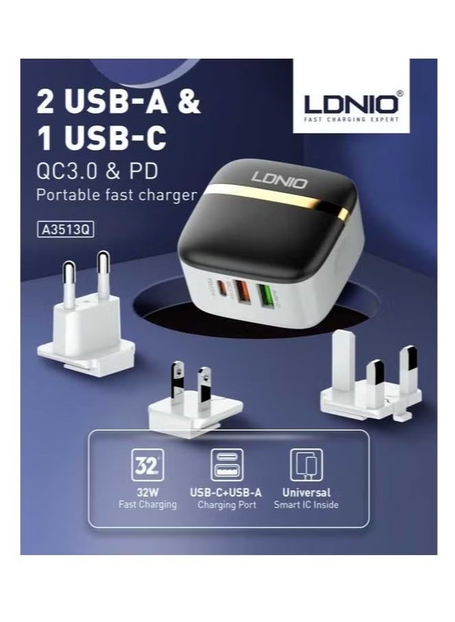 ELTRAZONE A3513Q High-Quality 3-Port USB Type-C 32W PD + 20W Fast Charger – Mobile Phone Adapter with QC 3.0, Wall Charger for Rapid Charging, Compatible with Smartphones, Tablets, Laptops & More - Image 2