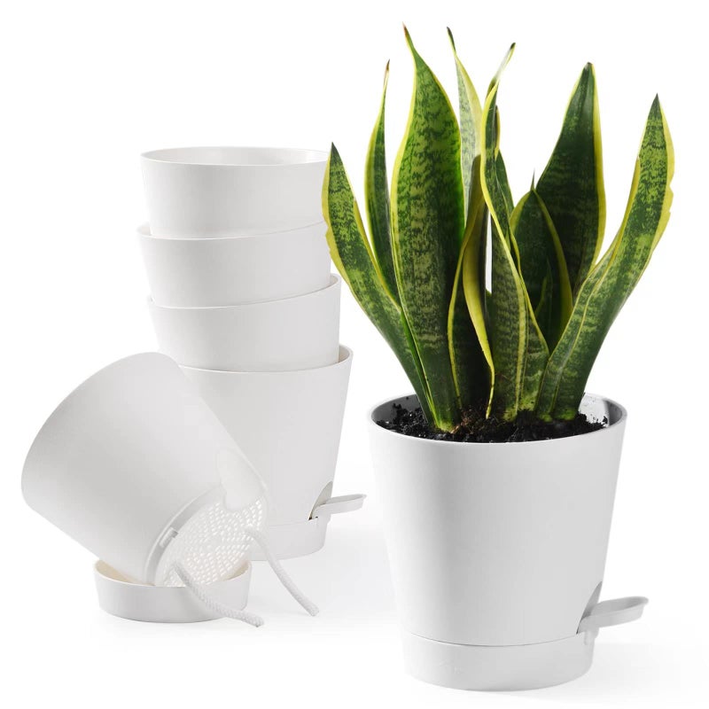 Qaobo Plant Pots 6 PCS 5 inch Self Watering Planters High Drainage Flowers Pot for Indoor Outdoor Plants with Reservoir Tray and Watering Lip Gardening Planter Garden Flower Pots, White - Image 1