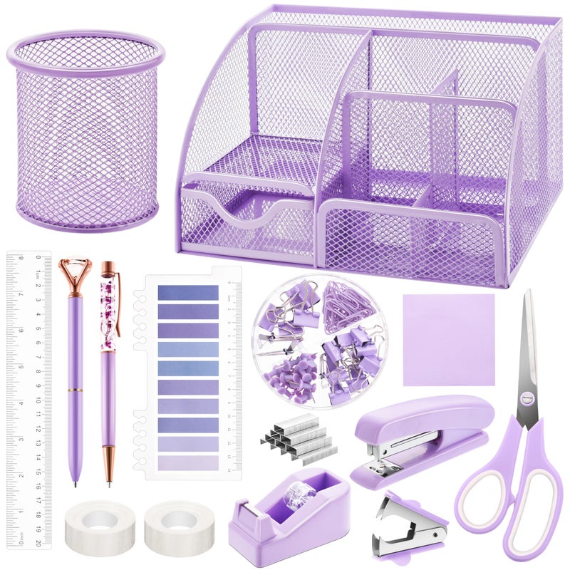 Fayoo 15 Pcs Purple Office Supplies Set Mesh Desk Organizer Accessories Kit Include Stapler Tape Dispenser Staple Remover Clips Ruler Scissors Sticky Notes for Office School Home Women Purple - Image 2