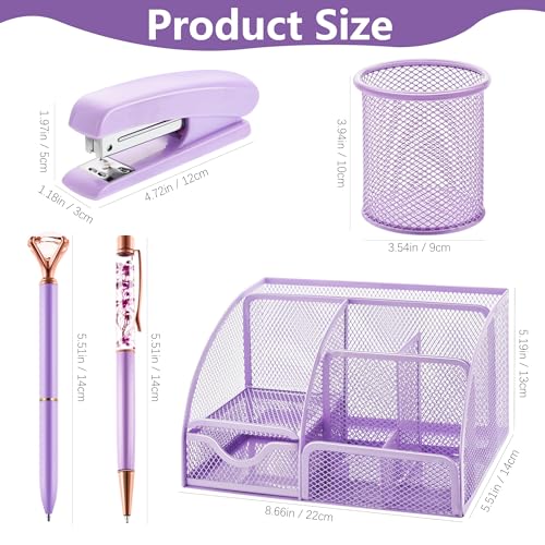 Fayoo 15 Pcs Purple Office Supplies Set Mesh Desk Organizer Accessories Kit Include Stapler Tape Dispenser Staple Remover Clips Ruler Scissors Sticky Notes for Office School Home Women Purple - Image 3
