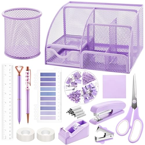 Fayoo 15 Pcs Purple Office Supplies Set Mesh Desk Organizer Accessories Kit Include Stapler Tape Dispenser Staple Remover Clips Ruler Scissors Sticky Notes for Office School Home Women Purple - Image 1