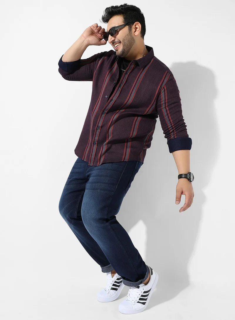 Instafab Plus Men's Maroon Striped Regular Fit Casual Shirt