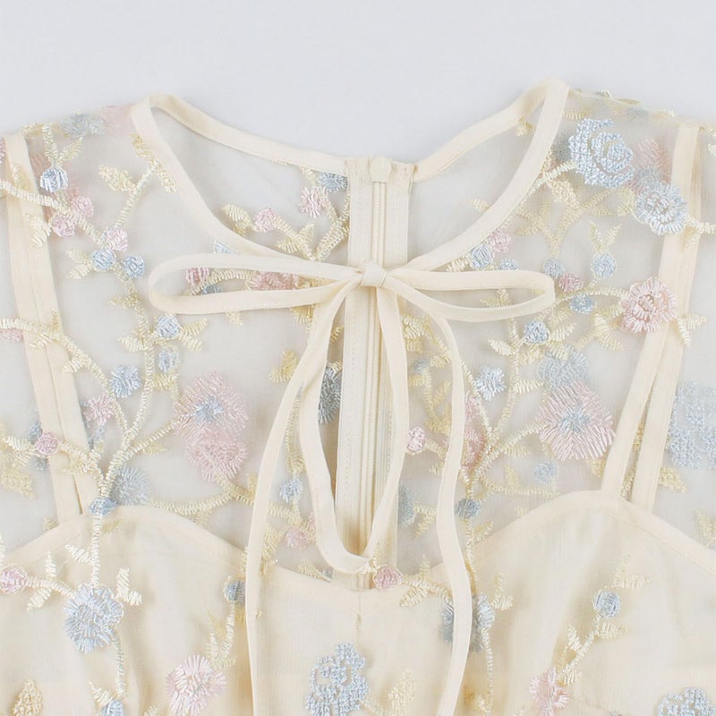 IWEMEK Vintage Embroidery Floral Dress for Women Flower Embroidered Tulle Prom Dress Sleeveless Mesh Short Homecoming Dress for Women Formal Tulle Party Dress A line Floral Cocktail Dress Apricot-Floral 2XL - Image 3