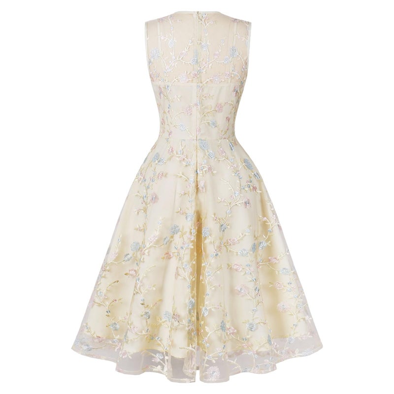 IWEMEK Vintage Embroidery Floral Dress for Women Flower Embroidered Tulle Prom Dress Sleeveless Mesh Short Homecoming Dress for Women Formal Tulle Party Dress A line Floral Cocktail Dress Apricot-Floral 2XL - Image 2