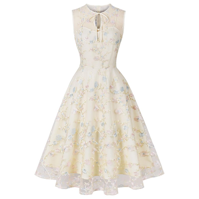 IWEMEK Vintage Embroidery Floral Dress for Women Flower Embroidered Tulle Prom Dress Sleeveless Mesh Short Homecoming Dress for Women Formal Tulle Party Dress A line Floral Cocktail Dress Apricot-Floral 2XL - Image 1