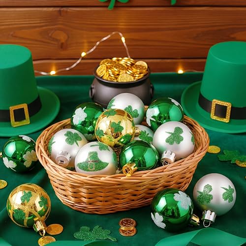 Gejoy 12 Pcs St Patricks Day Hanging Ornament for Tree Green Shamrocks Plastic Ball Ornament 157 Good Luck Clover Hat Balls Decorations Baubles with Hanging Rope for St Patricks Day Party Supplies - Image 1