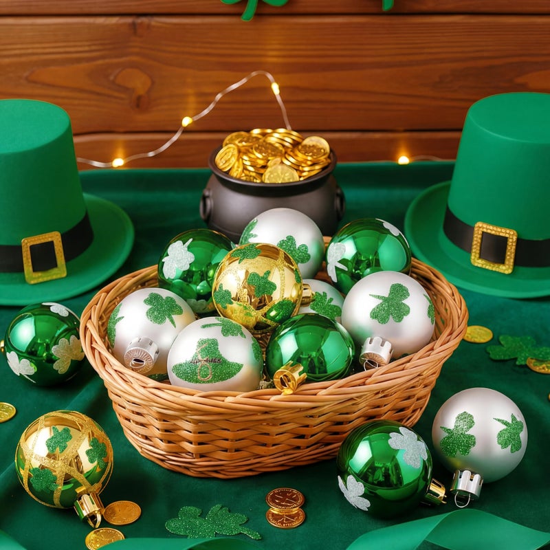 Gejoy 12 Pcs St Patricks Day Hanging Ornament for Tree Green Shamrocks Plastic Ball Ornament 157 Good Luck Clover Hat Balls Decorations Baubles with Hanging Rope for St Patricks Day Party Supplies - Image 2