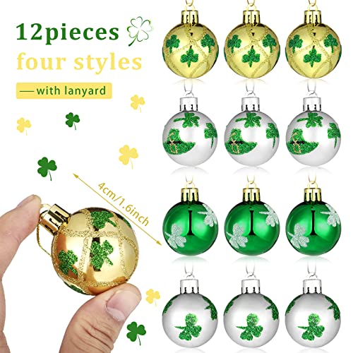 Gejoy 12 Pcs St Patricks Day Hanging Ornament for Tree Green Shamrocks Plastic Ball Ornament 157 Good Luck Clover Hat Balls Decorations Baubles with Hanging Rope for St Patricks Day Party Supplies - Image 3