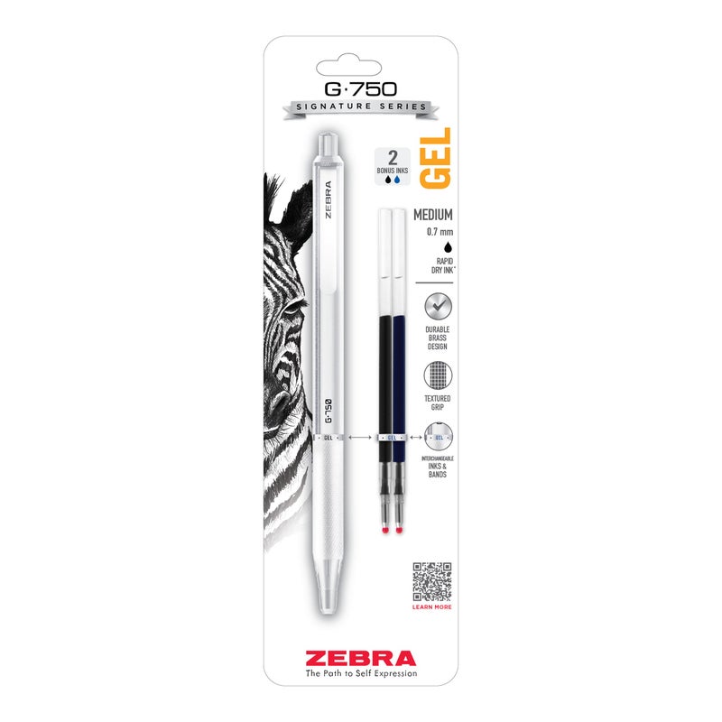 Zebra Pen G-750 Signature Series Retractable Gel Pen 1-Pack with Refills, Black Ink, 0.7mm Medium Point, Pearl White Premium and Durable Brass Barrel, Textured Grip, Rapid Dry Ink (49801) - Image 1