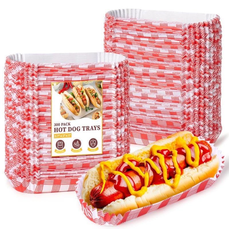 ZORRITA 300 Pcs Paper Hot Dog Trays, Small Disposable Hot Dog Boats Fluted to Go Food Holders for Concession Stand, Party, Food Truck (Red) - Image 1