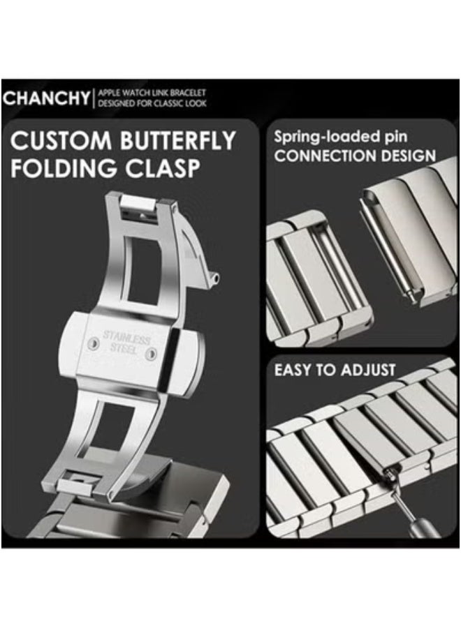 CHANCHY Stainless Steel Band Compatible With Apple Watch Ultra 49mm, Series 8 7 6 SE 5 4 3 2 1, Adjustable Metal Strap With Folding Clasp For iWatch 49mm 45mm 44mm 42mm 41mm 40mm 38mm | Durable Replacement Link Bracelet For Men & Women – Premium Fit - Image 3