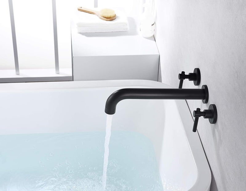 sumerain Wall Mount Tub Filler Matte Black Tub Faucet High Flow Two Handles Solid Brass, Long Spout Reach, - Image 5