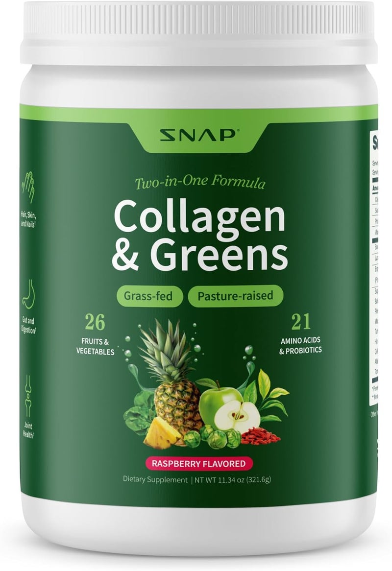 Snap Supplements Super Greens Powder with Collagen Peptides 26 Fruits and Vegetables Grass Fed NonGMO Daily Greens Superfood for Hair Skin Nails  Joint Support 30 Servings - Image 1