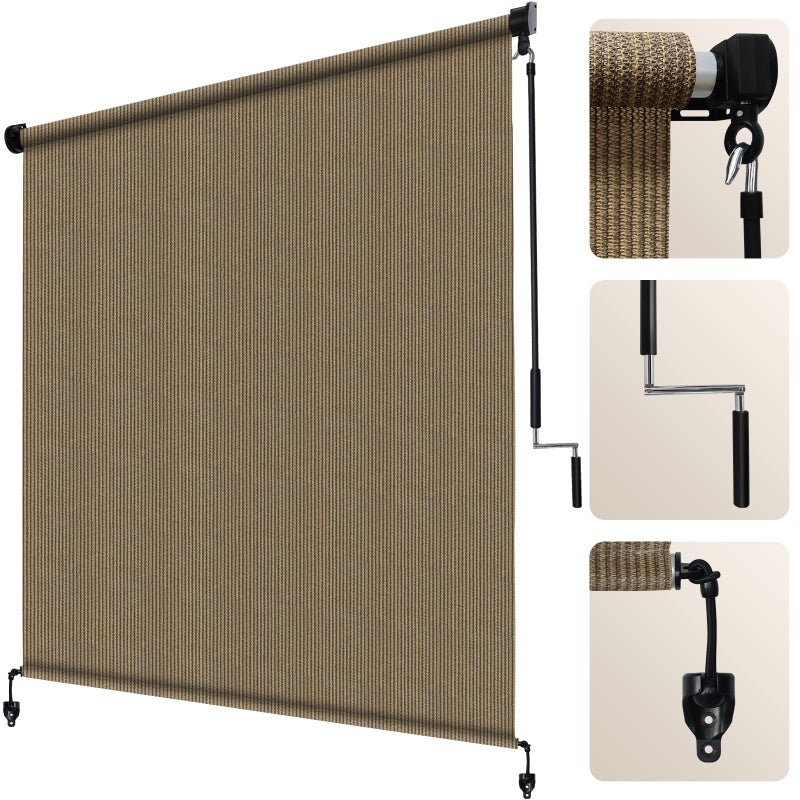 Artpuch Outdoor Roller Shade 8' W x 8' H, Walnut Exterior Cordless Patio Shades Roll Up Blinds with Spliced Pole Design, (2 Poles, One-Piece Fabric) - Image 1