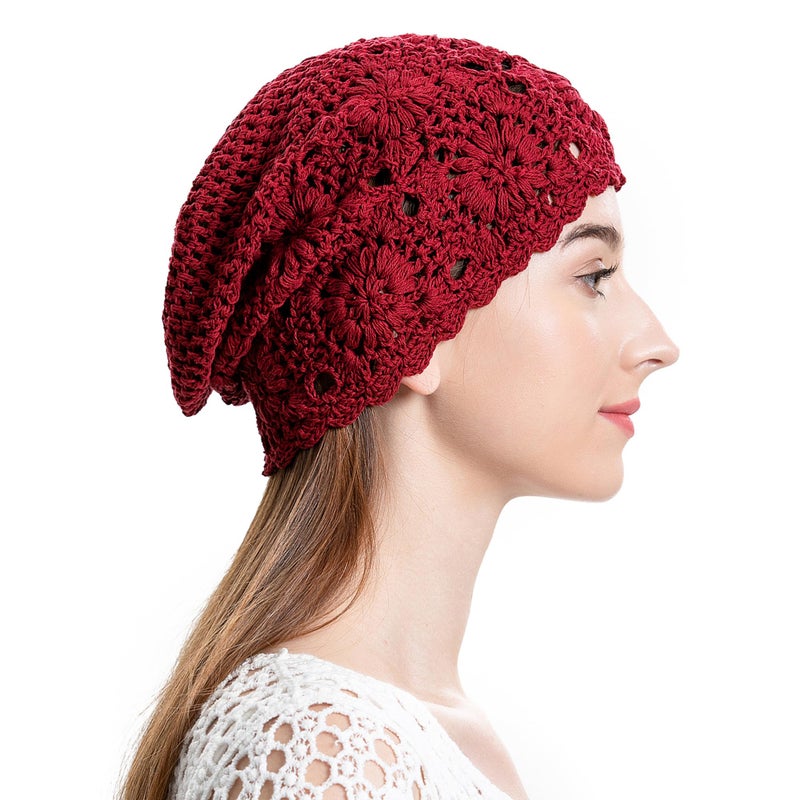 ZLYC Women Cotton Crochet Slouchy Beanie Hat Handmade Knit Summer Skull Cap, Solid Red, One Size - Image 1