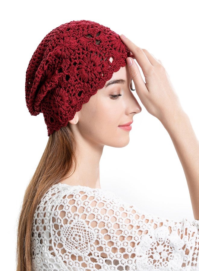 ZLYC Women Cotton Crochet Slouchy Beanie Hat Handmade Knit Summer Skull Cap, Solid Red, One Size - Image 3