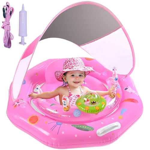 GEEQUFLOAT Baby Pool Float for 636 Months Extra Wide Infant Pool Float with UPF50 Sunshade Toy Play Console Baby Floatie with Adjustable Safety Seat Detachable Canopy Secure Handle Safety Leash - Image 1