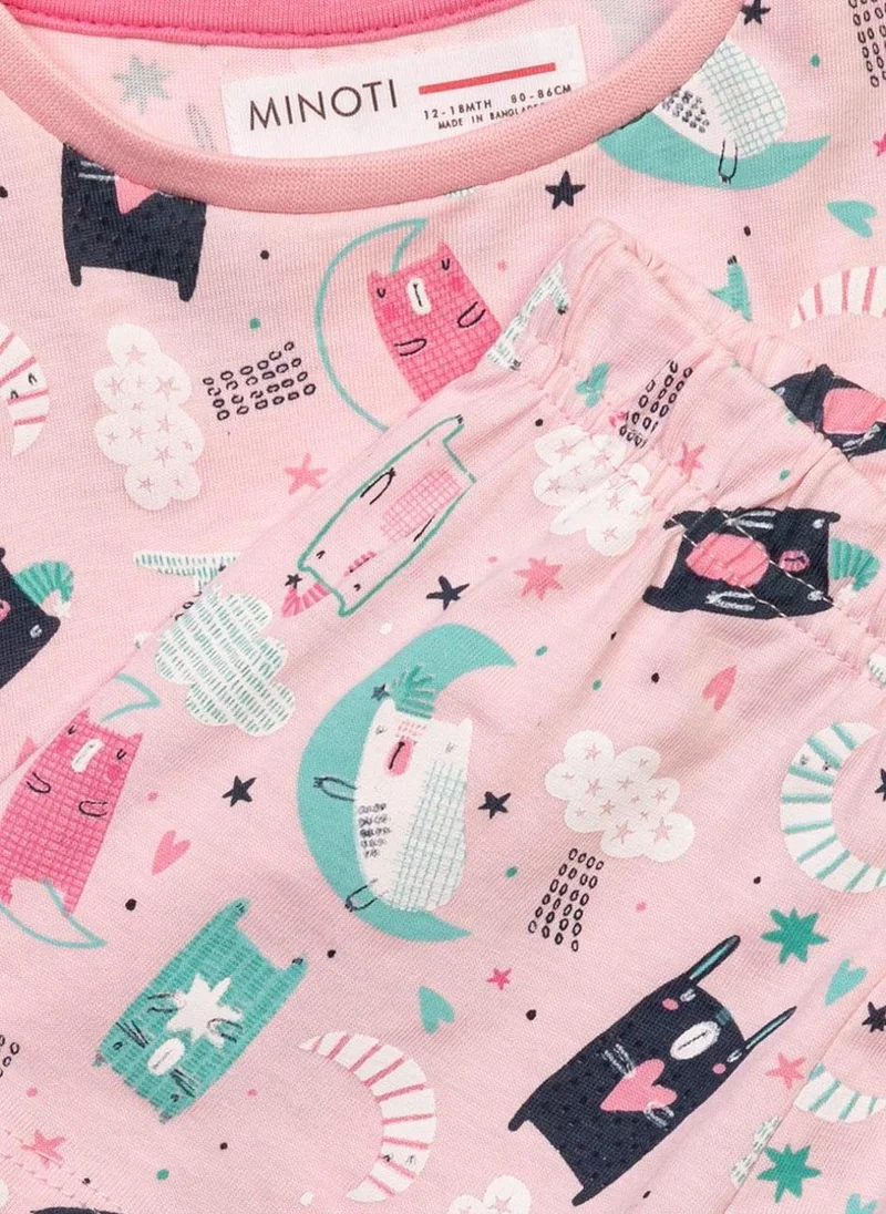 MINOTI Kids Girls' Pajama Set WIth Short Sleeve Top & Print Shorts