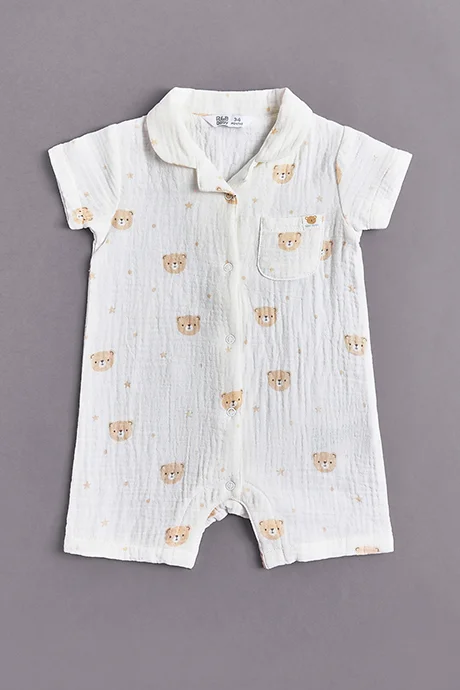 أر أند بي Printed Rompers with Revere Collar and Short Sleeves