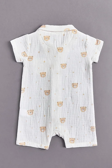 أر أند بي Printed Rompers with Revere Collar and Short Sleeves