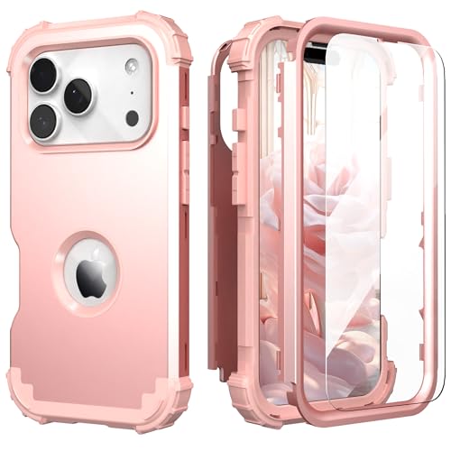 IDweel for iPhone 17 Pro Max Case with Screen Protector for Women, 3 in 1 Shockproof Slim Fit Hybrid Heavy Duty Hard PC Cover Soft Silicone Bumper Full Body Anti-Fingerprint Case, Rose Gold - Image 1
