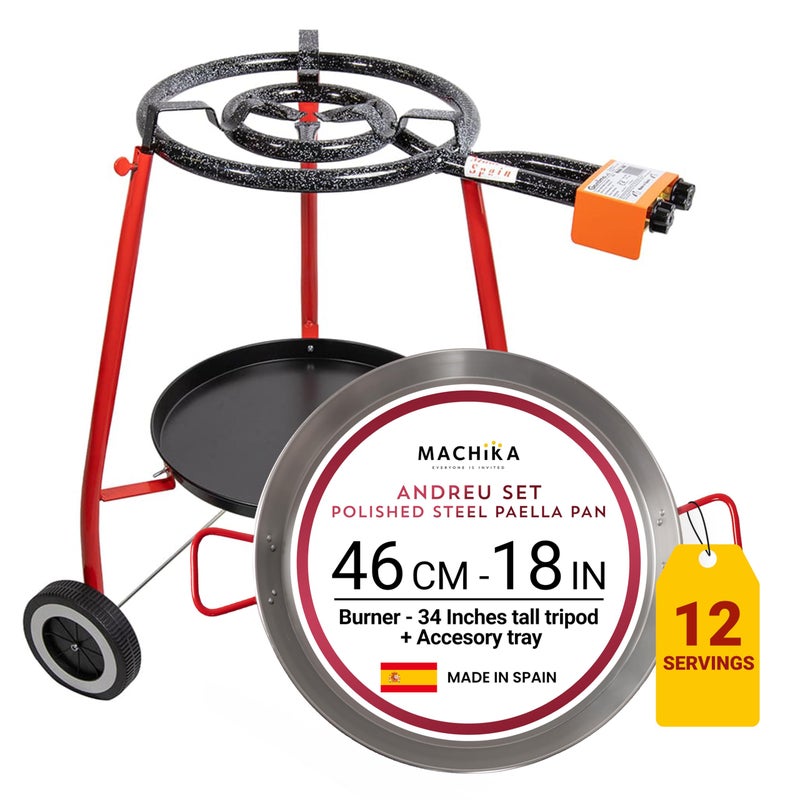 Machika Machika Andreu Set Pan Set with 18inch Carbon Steel Pan  8 in 16 in Double Ring Paella Burner and Stand Set 34 in  Grill Set Perfect for Gastronomic Events Caterings Camping  12 Servings 