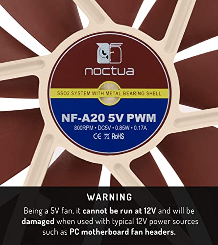 Noctua NF-A20 5V PWM, Premium Quiet Fan with USB Power Adaptor Cable, 4-Pin, 5V Version (200x30mm, Brown) - Image 3