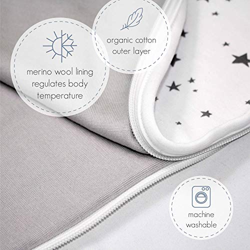 Woolino Merino Wool and Organic Cotton Ultimate Sleep Sack - 4 Season - Two-Way Zipper Adjustable Sleeping Bag - Universal Size Sleep Sack for Baby (2-24 Months) - Star Gray - Image 5