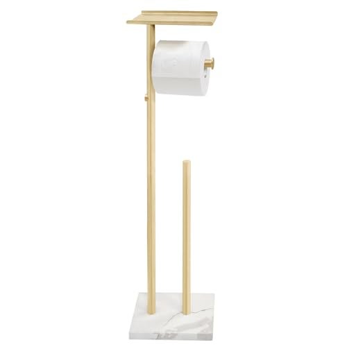 GZILA Brushed Gold Toilet Paper Stand Holder with Shelf Marble Design Base Free Standing Toilet Paper Roll Holder with 2 Dispenser SUS 304 Stainless Steel Reserve Storage 5 Rolls - Image 1