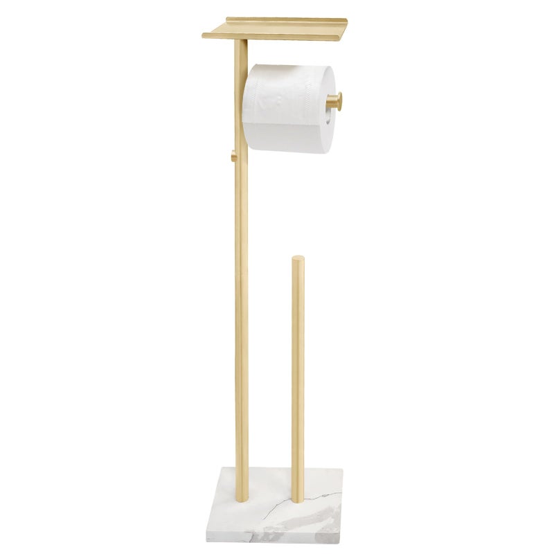 GZILA Brushed Gold Toilet Paper Stand Holder with Shelf Marble Design Base Free Standing Toilet Paper Roll Holder with 2 Dispenser SUS 304 Stainless Steel Reserve Storage 5 Rolls - Image 2