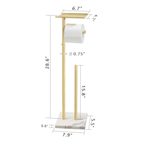 GZILA Brushed Gold Toilet Paper Stand Holder with Shelf Marble Design Base Free Standing Toilet Paper Roll Holder with 2 Dispenser SUS 304 Stainless Steel Reserve Storage 5 Rolls - Image 3