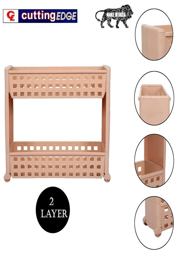Cutting EDGE Plastic 2 Layer Slim Classic Smart Shelf Rack Storage Organizer Multipurpose and Easy-to-Move Slide Out Trolley with Wheels (Set of 2- Beige) - Image 2