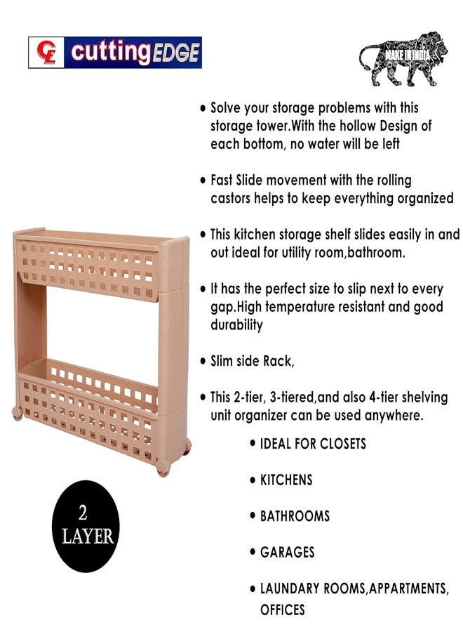 Cutting EDGE Plastic 2 Layer Slim Classic Smart Shelf Rack Storage Organizer Multipurpose and Easy-to-Move Slide Out Trolley with Wheels (Set of 2- Beige) - Image 5