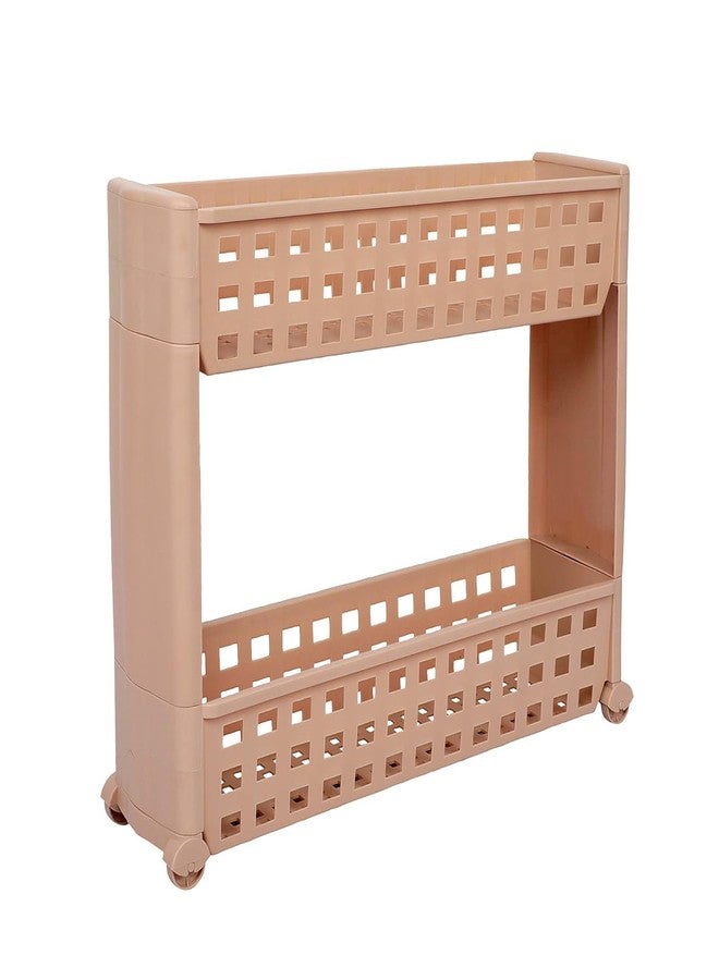 Cutting EDGE Plastic 2 Layer Slim Classic Smart Shelf Rack Storage Organizer Multipurpose and Easy-to-Move Slide Out Trolley with Wheels (Set of 2- Beige) - Image 1