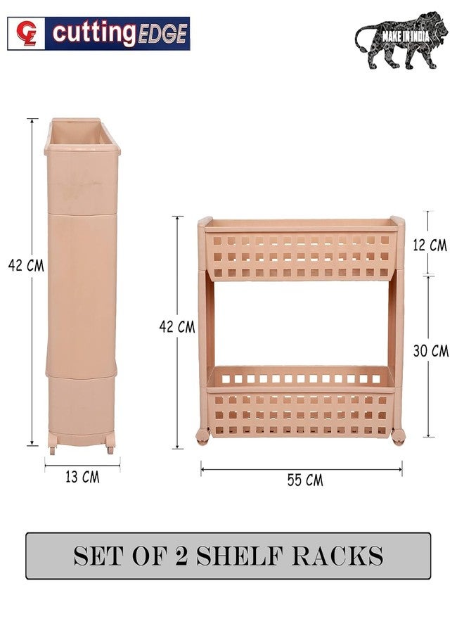 Cutting EDGE Plastic 2 Layer Slim Classic Smart Shelf Rack Storage Organizer Multipurpose and Easy-to-Move Slide Out Trolley with Wheels (Set of 2- Beige) - Image 4