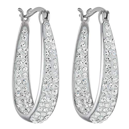 Savlano Inside Out Oval Shape Crystal Hoop Earrings For Women (White Gold) - Image 1