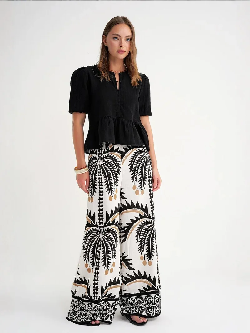 MixRay Mixray Textured Muslin Crew Neck Blouse with Button Closure