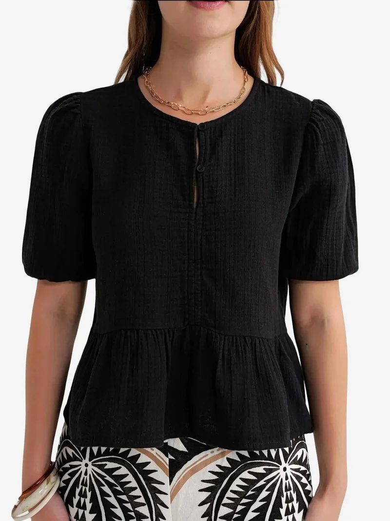 MixRay Black Mixray Textured Muslin Crew Neck Blouse with Button Closure for Women | Best Price UAE