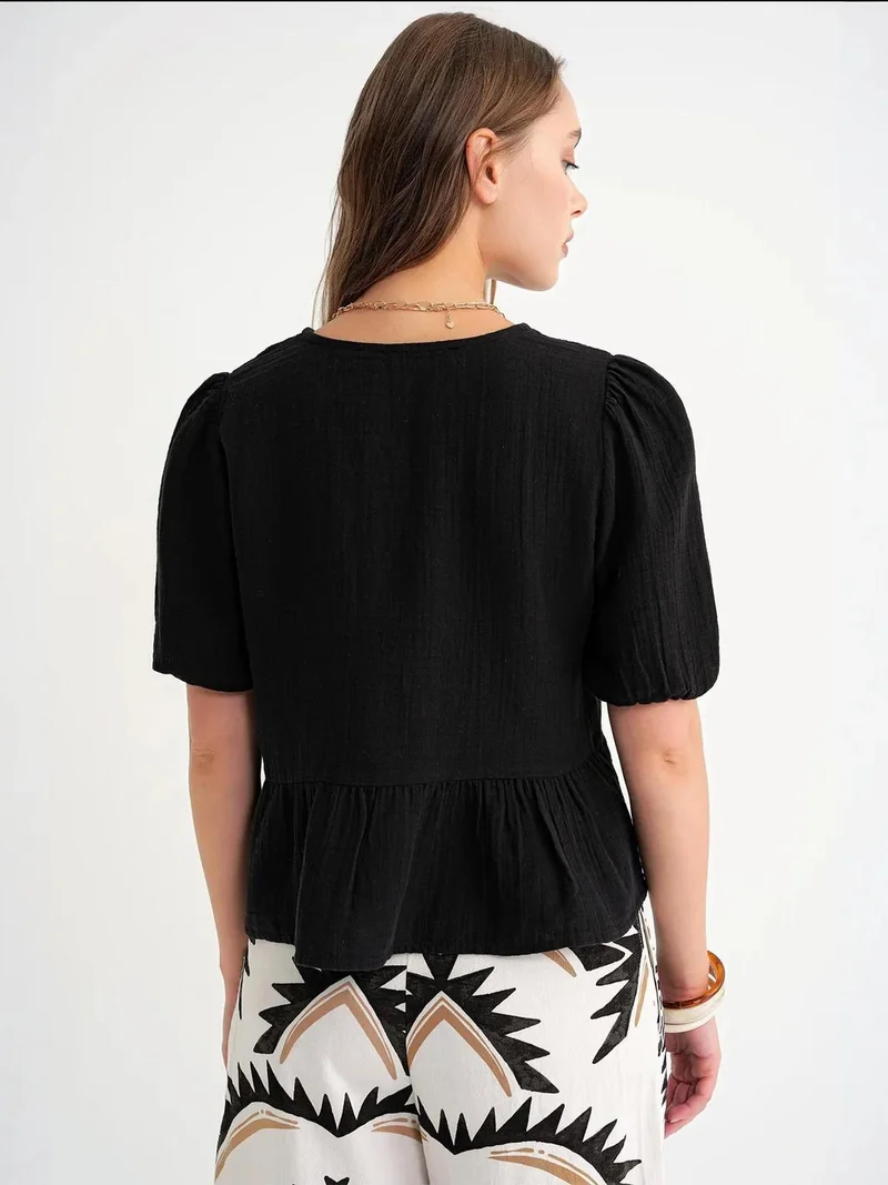 MixRay Black Mixray Textured Muslin Crew Neck Blouse with Button Closure for Women | Best Price UAE