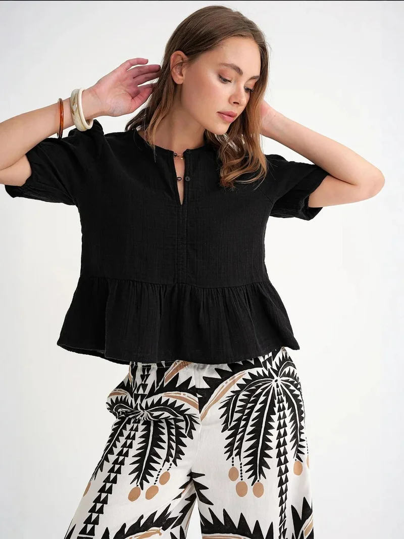 MixRay Black Mixray Textured Muslin Crew Neck Blouse with Button Closure for Women | Best Price UAE