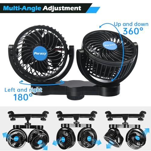 Poraxy Car Fan, Dual Head Car Fans for Backseat for Kids, Headrest 360 Degree Rotatable Back Seat Stepless Speed Vehicles Rear Seat 12V Cooling Air Fan for Sedan SUV RV - Image 2